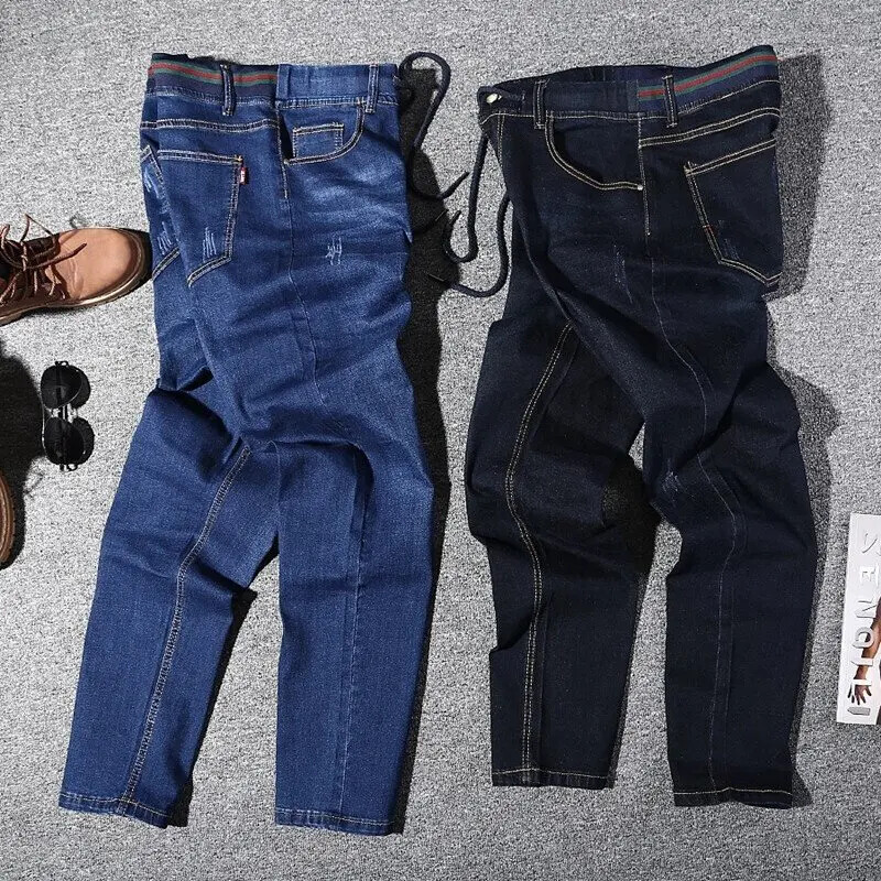 Pánske džínsy Plus Size M-7XL, jar, leto, jeseň, móda, ležérne, klasické, s elastickým pásom, voľné džínsové nohavice, čierna, modrá