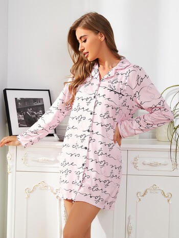 Έντυπο επιστολής Γυναικείο νυχτικό Boy Friend Nightwear Πουκάμισο με μακρυμάνικο μπροστινό κουμπί Πυζά με γιακά με εγκοπές Κοστούμι σπιτιού Πανί