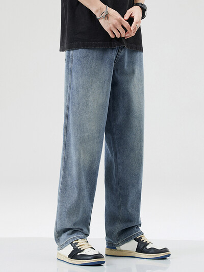 Új férfi pamut divatos, széles lábú farmernadrág Y2K tavaszi őszi High Street divatos alkalmi táskás egyenes szabású farmer nadrág kék