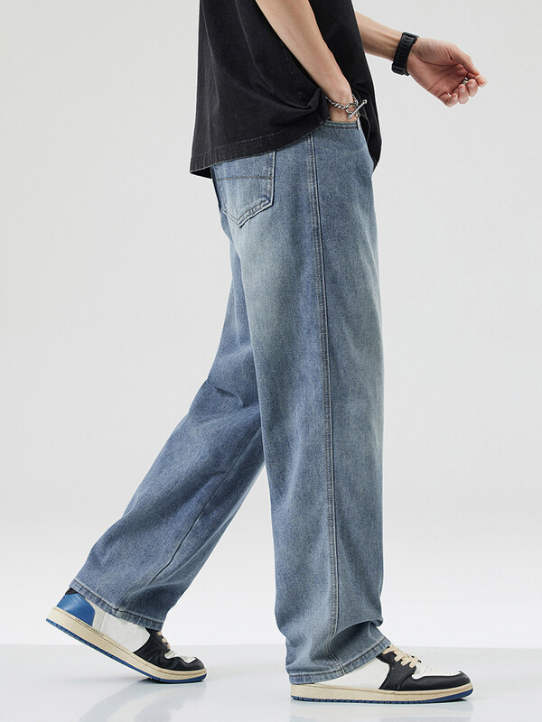 Új férfi pamut divatos, széles lábú farmernadrág Y2K tavaszi őszi High Street divatos alkalmi táskás egyenes szabású farmer nadrág kék