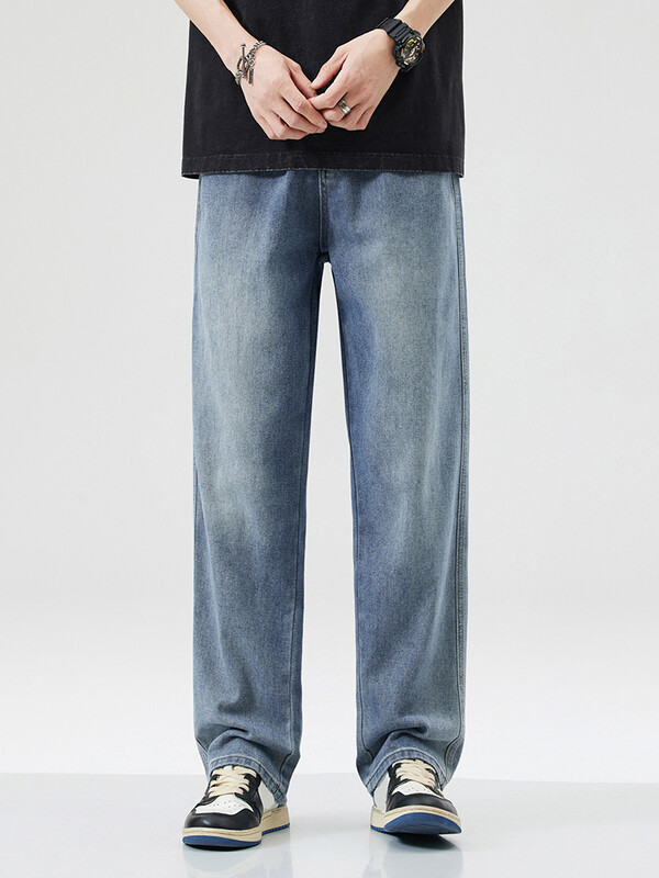 Új férfi pamut divatos, széles lábú farmernadrág Y2K tavaszi őszi High Street divatos alkalmi táskás egyenes szabású farmer nadrág kék