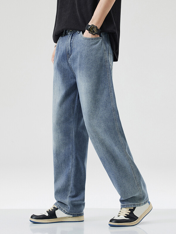 Új férfi pamut divatos, széles lábú farmernadrág Y2K tavaszi őszi High Street divatos alkalmi táskás egyenes szabású farmer nadrág kék