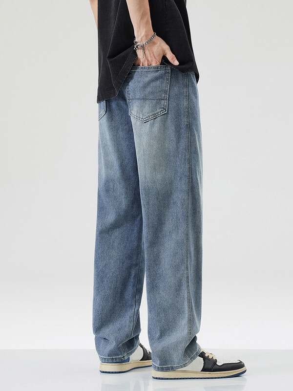 Új férfi pamut divatos, széles lábú farmernadrág Y2K tavaszi őszi High Street divatos alkalmi táskás egyenes szabású farmer nadrág kék