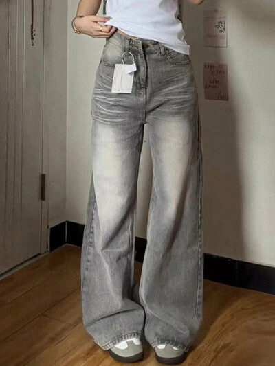 Dámske rifle Harajuku Streetwear, vintage vysoký pás, sivé džínsy Y2K, ležérne voľné, hip hopové, americké, jesenné