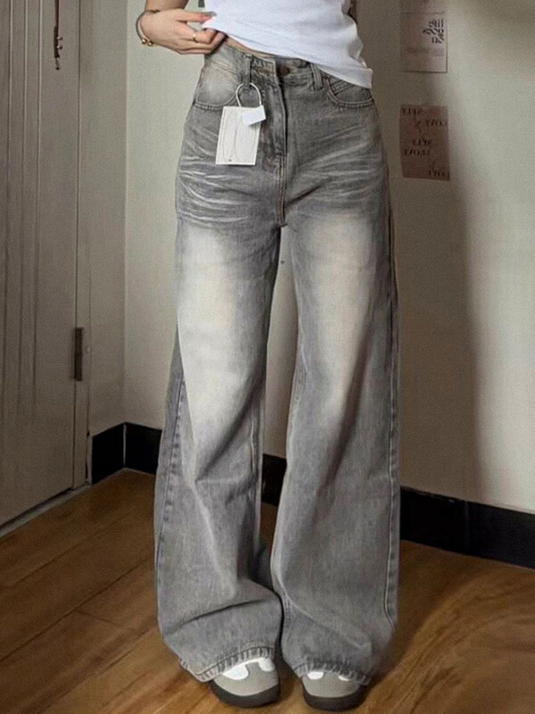 Dámske rifle Harajuku Streetwear, vintage vysoký pás, sivé džínsy Y2K, ležérne voľné, hip hopové, americké, jesenné