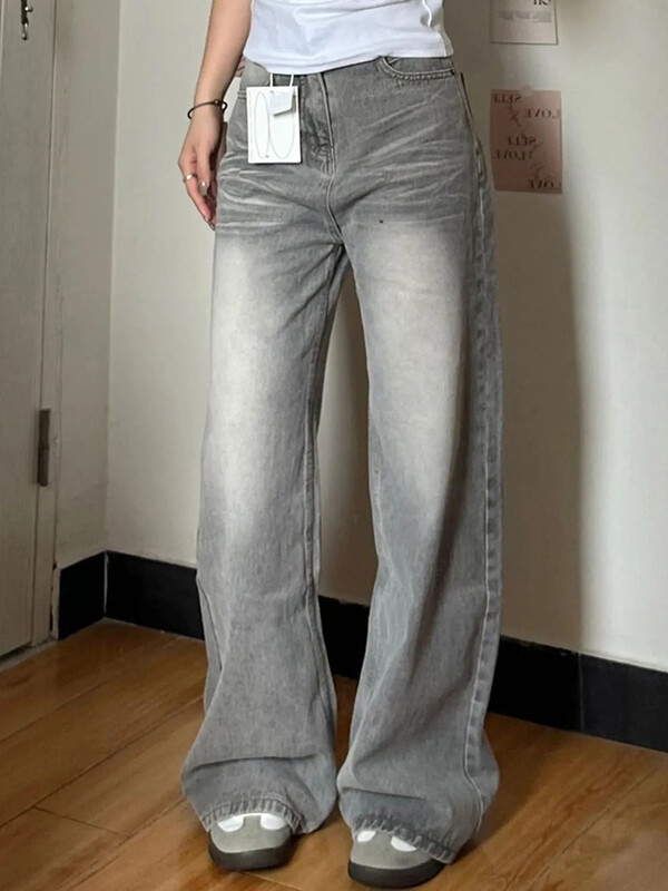 Dámske rifle Harajuku Streetwear, vintage vysoký pás, sivé džínsy Y2K, ležérne voľné, hip hopové, americké, jesenné