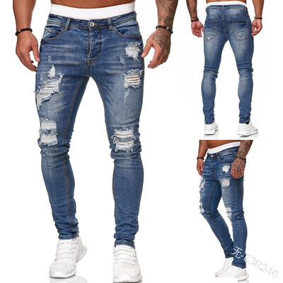 Blugi bărbați slim cu talie mijlocie rupti, denim de epocă spălat, în stil punk, pantaloni skinny creion, cu găuri învechite, până la gleznă