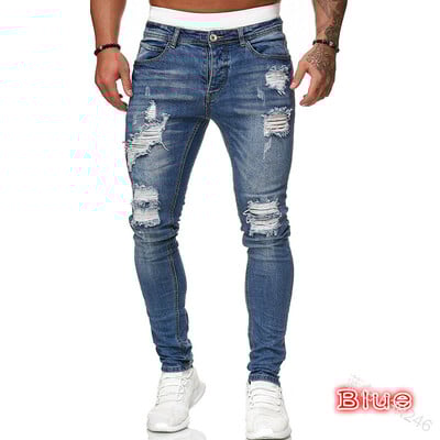 Blugi bărbați slim cu talie mijlocie rupti, denim de epocă spălat, în stil punk, pantaloni skinny creion, cu găuri învechite, până la gleznă