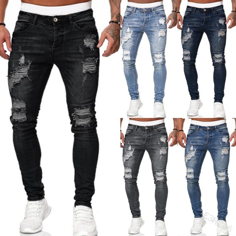 Blugi bărbați slim cu talie mijlocie rupti, denim de epocă spălat, în stil punk, pantaloni skinny creion, cu găuri învechite, până la gleznă