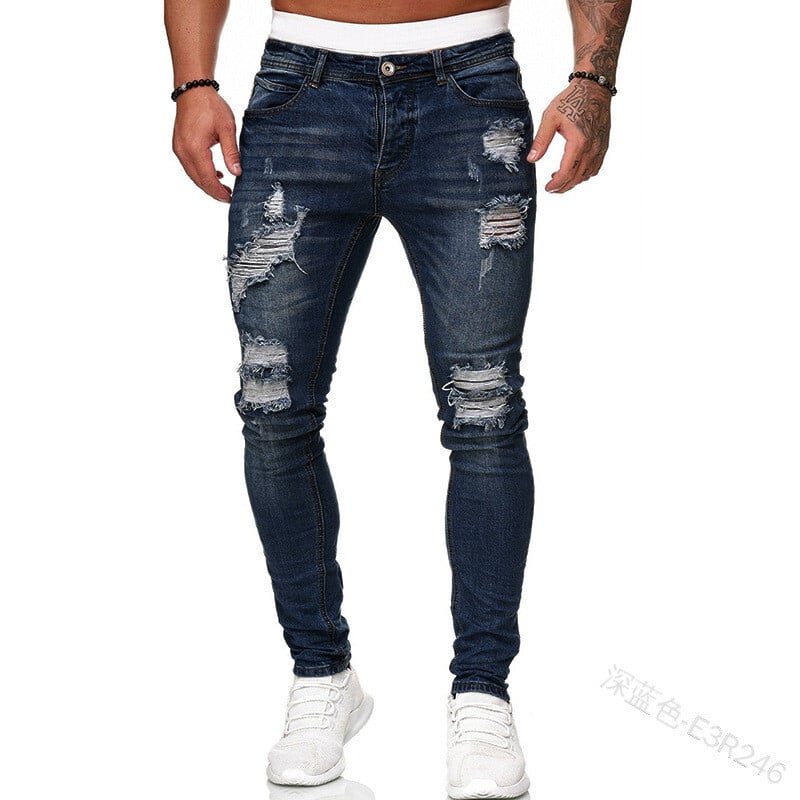 Blugi bărbați slim cu talie mijlocie rupti, denim de epocă spălat, în stil punk, pantaloni skinny creion, cu găuri învechite, până la gleznă