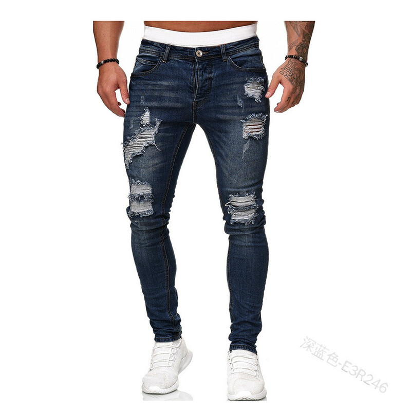 Blugi bărbați slim cu talie mijlocie rupti, denim de epocă spălat, în stil punk, pantaloni skinny creion, cu găuri învechite, până la gleznă