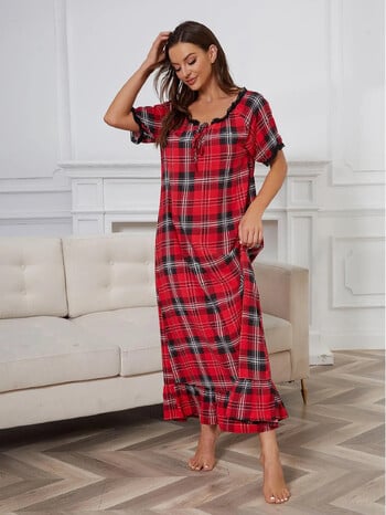 Χλωμό γυναικείο νυχτικό Lace O Neck Self-De Sleepwear Φόρεμα με κοντό μανίκι Νυχτικό Μακρύ βολάν στρίφωμα Πιτζάμες Νυχτερινό σαλόνι