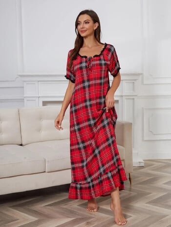 Χλωμό γυναικείο νυχτικό Lace O Neck Self-De Sleepwear Φόρεμα με κοντό μανίκι Νυχτικό Μακρύ βολάν στρίφωμα Πιτζάμες Νυχτερινό σαλόνι