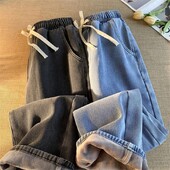 Retro kórejské džínsy pre mužov a ženy, jesenné a zimné modely, polstrované a zahustené voľné rovné nohavice so širokými nohavicami