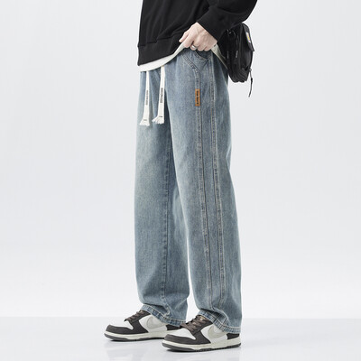 Blugi de toamnă pentru bărbați, largi, drepți, ocazional, pantaloni largi de modă, coreeană, ocazional, vintage, pantaloni largi din denim pentru bărbați, albastru negru