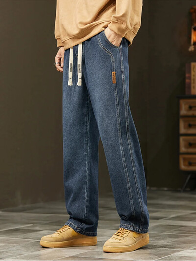 Blugi de toamnă pentru bărbați, largi, drepți, ocazional, pantaloni largi de modă, coreeană, ocazional, vintage, pantaloni largi din denim pentru bărbați, albastru negru