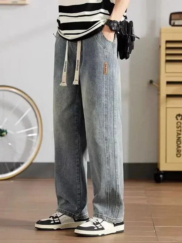 Blugi de toamnă pentru bărbați, largi, drepți, ocazional, pantaloni largi de modă, coreeană, ocazional, vintage, pantaloni largi din denim pentru bărbați, albastru negru