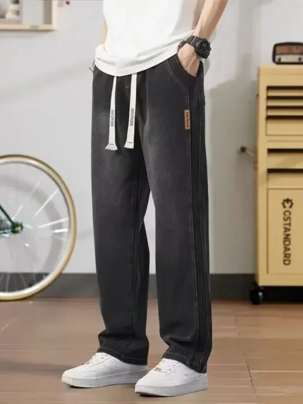 Blugi de toamnă pentru bărbați, largi, drepți, ocazional, pantaloni largi de modă, coreeană, ocazional, vintage, pantaloni largi din denim pentru bărbați, albastru negru