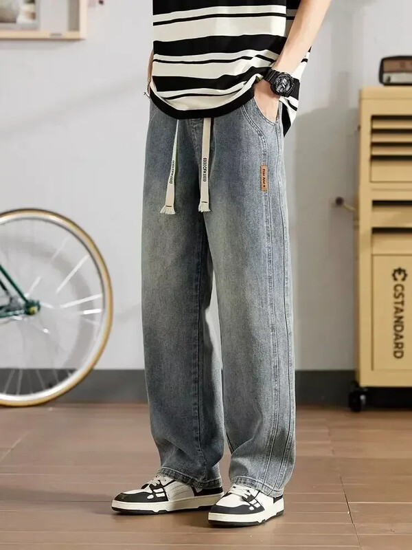 Blugi de toamnă pentru bărbați, largi, drepți, ocazional, pantaloni largi de modă, coreeană, ocazional, vintage, pantaloni largi din denim pentru bărbați, albastru negru