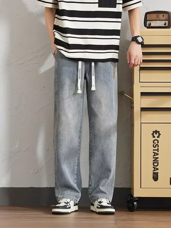 Blugi de toamnă pentru bărbați, largi, drepți, ocazional, pantaloni largi de modă, coreeană, ocazional, vintage, pantaloni largi din denim pentru bărbați, albastru negru