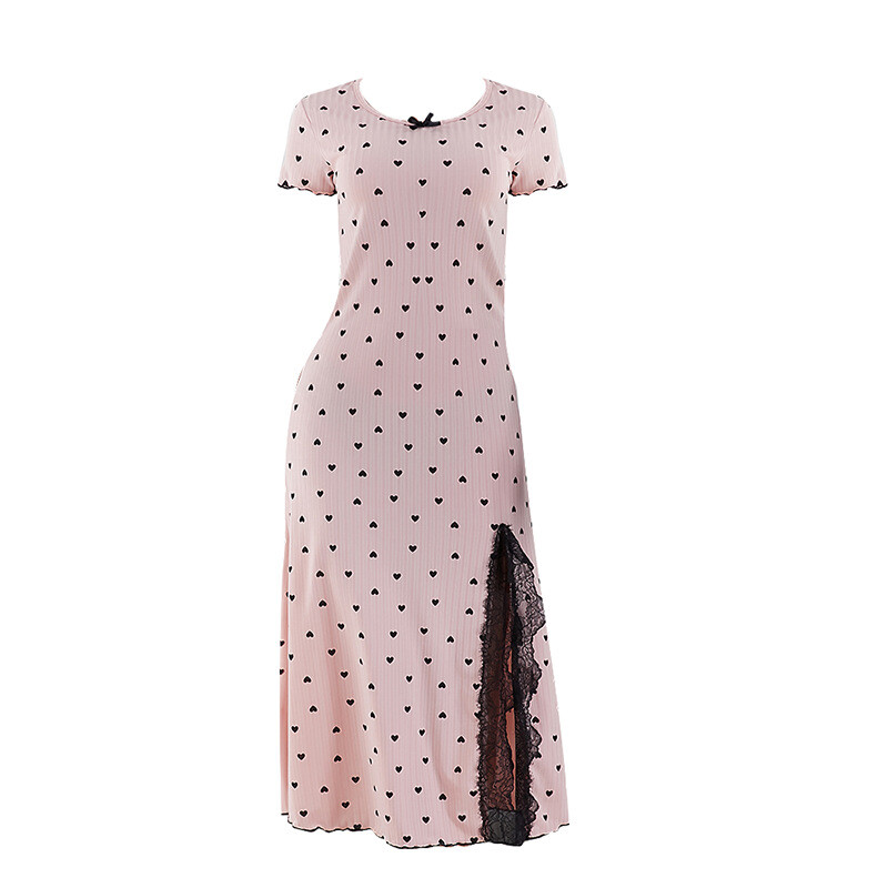 Нощница с V-образно деколте и къс ръкав с щампа на сърце и дантелен подгъв за секси жени Нощница Нощница Нощница със странична пола