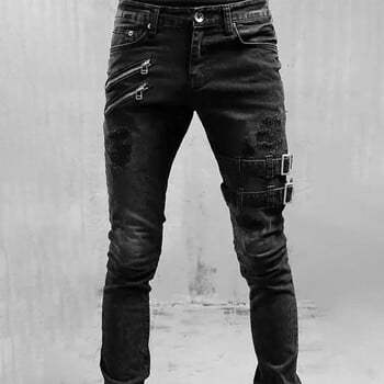 Retro Moto Biker Straight Elastic Jeans Men Zipper Hole Streetwear Punk Skinny Denim Cargo Pants Pantalones Hombre Y2K Clothing