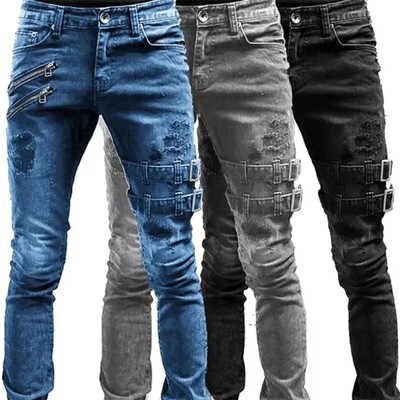 Retro Moto Biker Taisni Elastīgi Džinsi Vīriešu Rāvējslēdzējs Hole Streetwear Punk Skinny Denim Cargo Bikses Pantalones Hombre Y2K Clothing