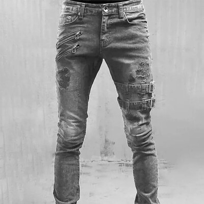Pánske retro motocykel motorkárske rovné elastické džínsy s otvorom na zips, streetwear, punkové úzke džínsové cargo nohavice, pánske oblečenie Y2K