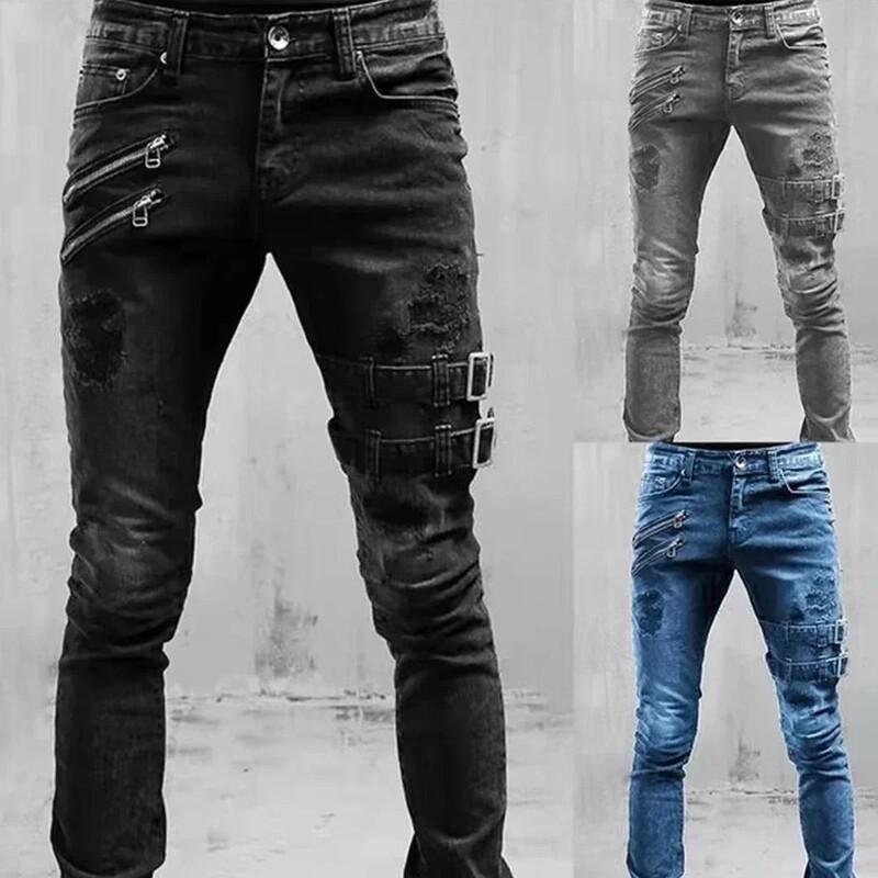Pánske retro motocykel motorkárske rovné elastické džínsy s otvorom na zips, streetwear, punkové úzke džínsové cargo nohavice, pánske oblečenie Y2K