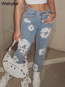 Madingi pavasariniai medvilniniai elastingi gėlių raštai Mėlyni džinsai Moteriški laisvalaikio aukštu juosmeniu Visi atitinka hipsterio siauros džinsinės kelnės gatvės apranga