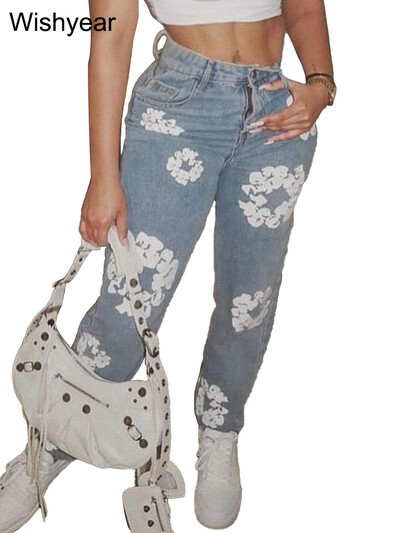 Madingi pavasariniai medvilniniai elastingi gėlių raštai Mėlyni džinsai Moteriški laisvalaikio aukštu juosmeniu Visi atitinka hipsterio siauros džinsinės kelnės gatvės apranga