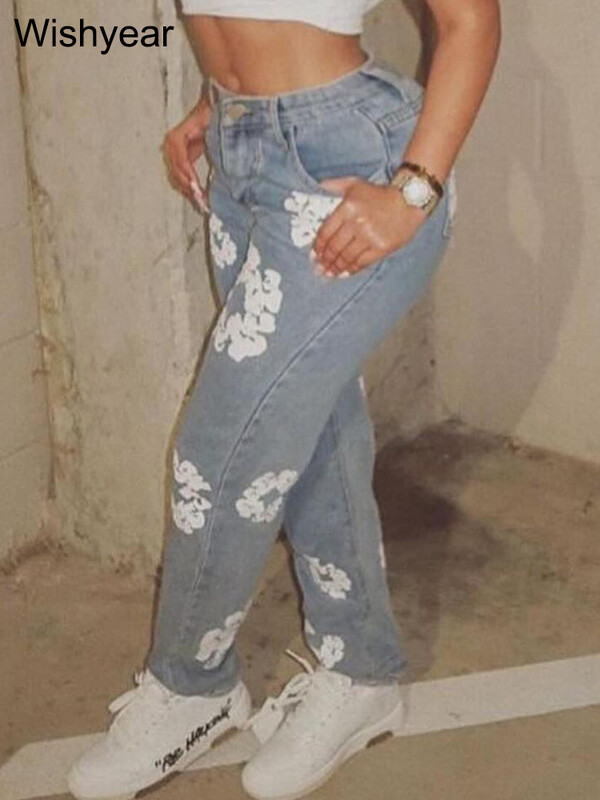 Madingi pavasariniai medvilniniai elastingi gėlių raštai Mėlyni džinsai Moteriški laisvalaikio aukštu juosmeniu Visi atitinka hipsterio siauros džinsinės kelnės gatvės apranga