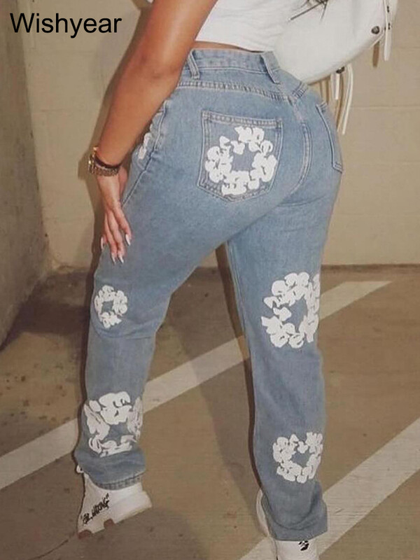 Madingi pavasariniai medvilniniai elastingi gėlių raštai Mėlyni džinsai Moteriški laisvalaikio aukštu juosmeniu Visi atitinka hipsterio siauros džinsinės kelnės gatvės apranga