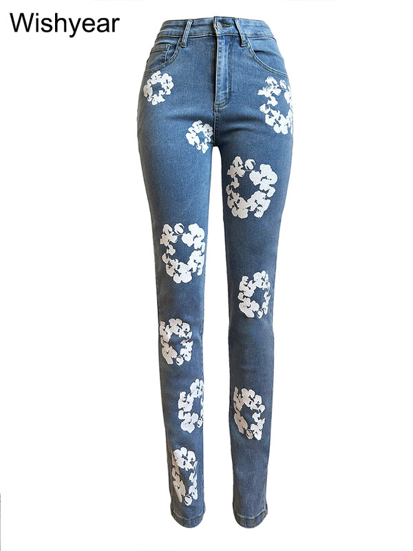 Madingi pavasariniai medvilniniai elastingi gėlių raštai Mėlyni džinsai Moteriški laisvalaikio aukštu juosmeniu Visi atitinka hipsterio siauros džinsinės kelnės gatvės apranga