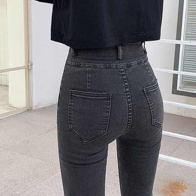 Kórejská móda, nové jarné jesenné dámske džínsy s vysokým pásom, pevné vrecká na zips, streetwear, ležérne rovné, slim, čierne džínsy s ceruzkou