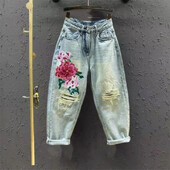 Etninės meilės siuvinėti džinsai, 2021 m. Nauji moteriški tampriai aukštu juosmeniu apkarpytos haremo kelnės, skalbtos plonos vasarinės kelnės