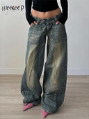 Weekeep Vintage Street Style Oversized Jeans Grunge 2000s Low Rise Loose Denim Παντελόνι y2k Αισθητική Κορεάτικη Μόδα Mom Jeans Lady