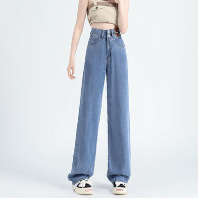 ZOENOVA Lyocell farmer nyári vékony, magas derekú széles szárú nadrág koreai sztreccs női farmer divat utcai egyenes farmer nadrág