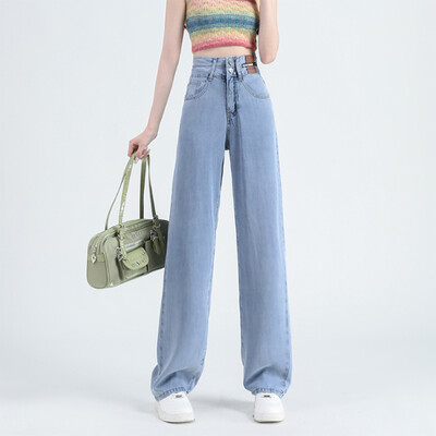 ZOENOVA Lyocell farmer nyári vékony, magas derekú széles szárú nadrág koreai sztreccs női farmer divat utcai egyenes farmer nadrág