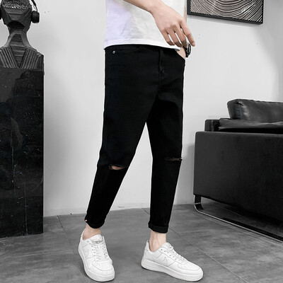 2024 m. pavasario nauji vyriški džinsai iki kelių plėšyti Vyriški tiesūs, ploni, mažų pėdų džinsiniai kelnės Gatvės drabužiai, tamprios laisvalaikio kelnės