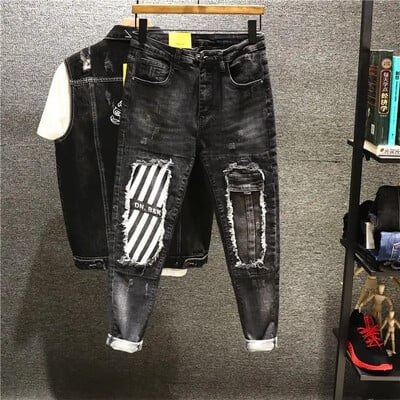 Petice Pantaloni Rupți Elastici Blugi Bărbați Punk Bărbați Pantaloni de cowboy cu găuri Conici rupti Stretch Ripped Xs Înaltă calitate Spălat