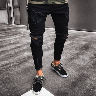 Blugi skinny rupți pentru bărbați la modă Pantaloni slim din denim cu fermoar, distruși uzați, cu fermoar, design nou, subțiri, drepti, hip hop, negri