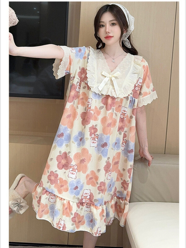 5XL Plus Size Imbracaminte de dormit pentru femei Rochii de vara Maneci scurte Imbracaminte de relaxare cu lungime medie dulce Imbracaminte de casa larga Cămașă de noapte Hotel Băi