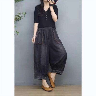 2023-as új vékony tavaszi/nyári zsebes farmer lámpás nadrágok, női retro, laza, laza nadrágok, rugalmas derékú széles szárú nadrágok, trendi