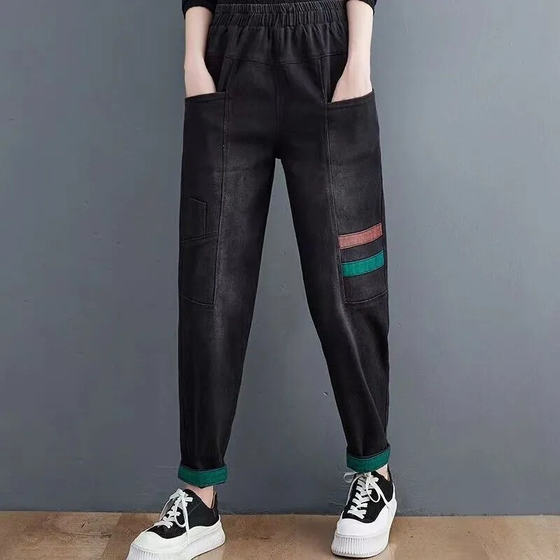 2023-as új vékony tavaszi/nyári zsebes farmer lámpás nadrágok, női retro, laza, laza nadrágok, rugalmas derékú széles szárú nadrágok, trendi