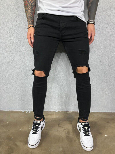 Мъжки дънки Streetwear Скъсани тесни хип-хоп мъжки модни Estroyed Oversize панталони Едноцветни мъжки разтегливи ежедневни дънкови панталони