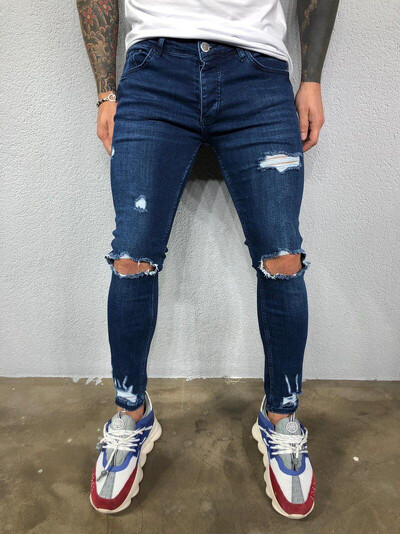 Pánske džínsy Streetwear Ripped Skinny Hip Hop Man Fashion Estroyed Oversize nohavice Jednofarebné mužské strečové ležérne džínsové nohavice