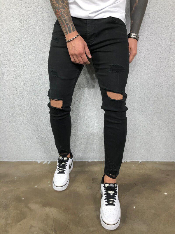 Pánske džínsy Streetwear Ripped Skinny Hip Hop Man Fashion Estroyed Oversize nohavice Jednofarebné mužské strečové ležérne džínsové nohavice