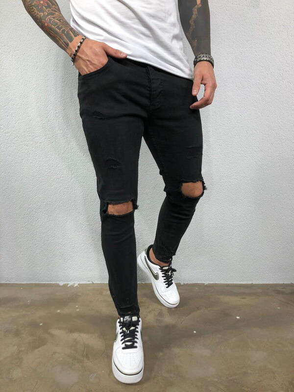 Pánske džínsy Streetwear Ripped Skinny Hip Hop Man Fashion Estroyed Oversize nohavice Jednofarebné mužské strečové ležérne džínsové nohavice