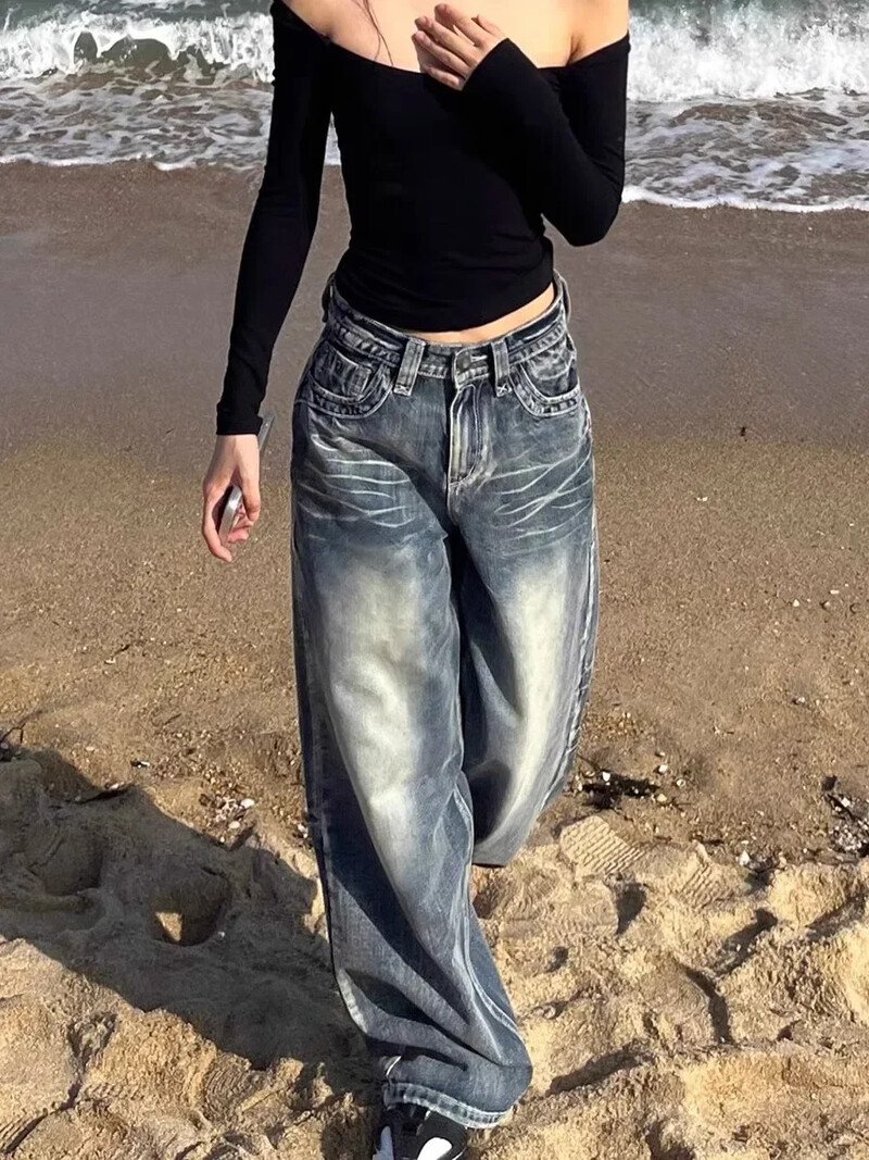 HOUZHOU Vintage Y2k modré džínsy dámske vrecovité prané široké džínsy dámske streetwear Harajuku kórejská móda džínsové nohavice grunge